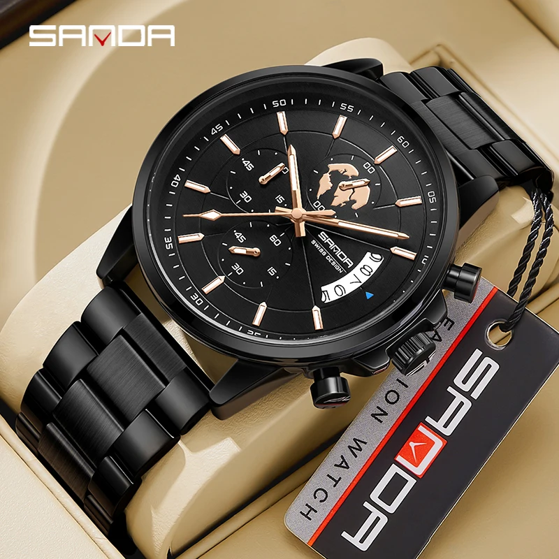 Men's Watch Fashion Simple Steel Band Calendar Waterproof Korean Quartz Watch Sanda 5015 Product Three Eyes Six Needle Quartz 5015 12v