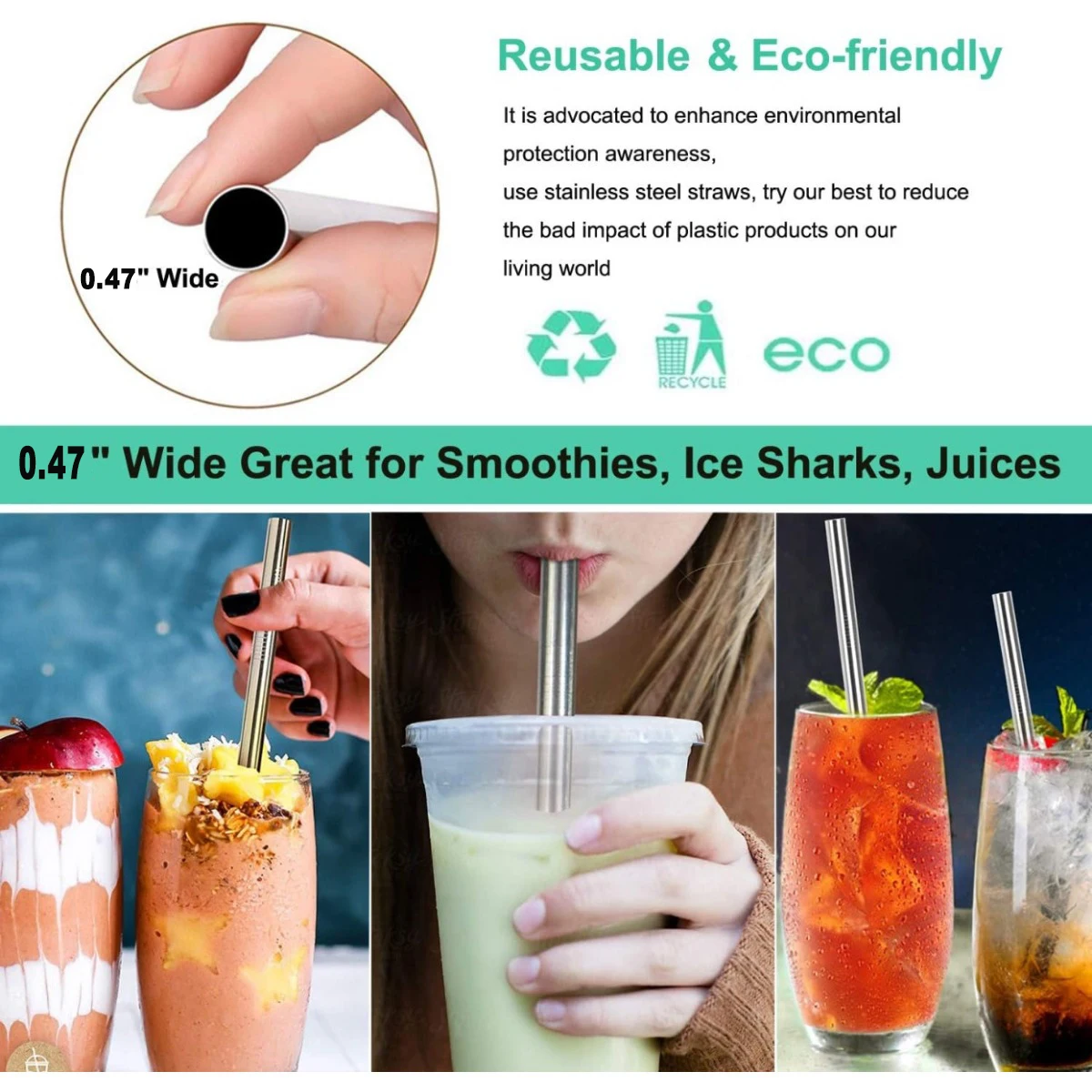 4PCS Stainless Steel Smoothie Straws, Extra Wide Reusable Metal Drinking Straws for Milkshake, Smoothie with 1 Cleaning Brush