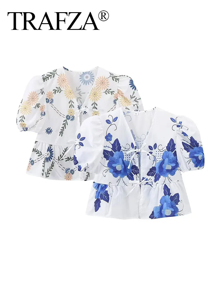 TRAFZA Holiday Causal Floral Printed Blouse Tops For Women 2024 Spring Short Sleeves Round Neck Bow Tie Vintage Summer Sweet Top
