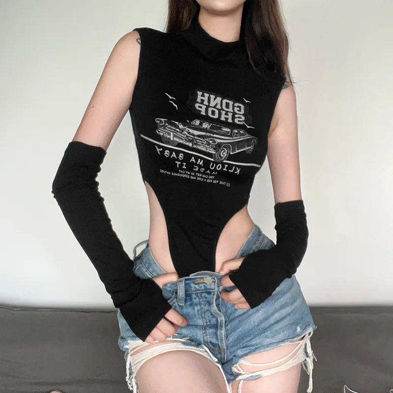

Autumn 2023 New Solid Color Slim Fit Street Fashion Mock Neck Print Women's Flower Sexy Bodysuit