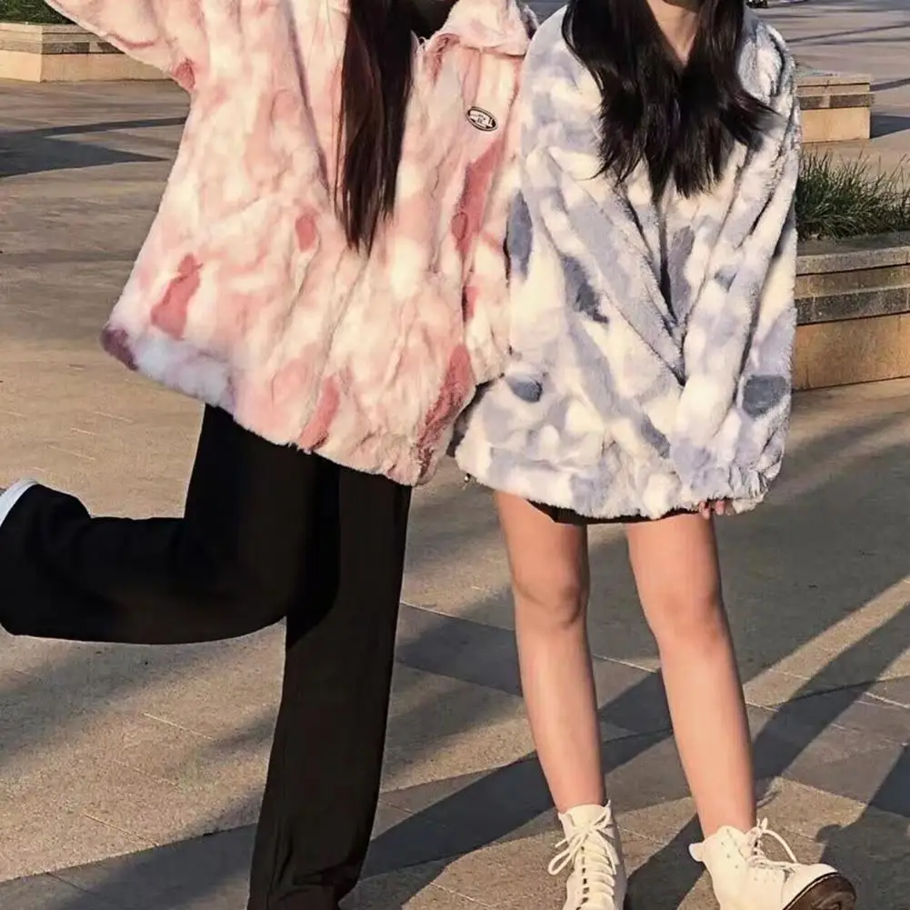 

Stylish Tie Dye Woman Zipper Jacket Faux Rabbit Fur Coats Women Long Sleeve Oversize Tops Streetwear Warm Jacket Winter Clothes