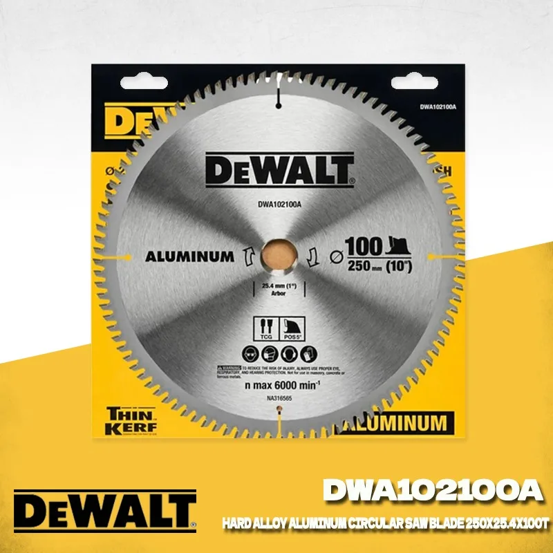 DEWALT DWA102100A 250x25.4mm 100T 카바이드 팁 원형 톱날 알루미늄 부드러운 절단 전동 공구 액세서리