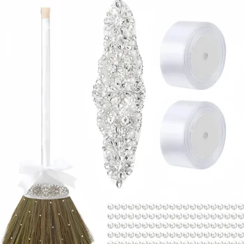 Scope da sposa Scope con frusta Sposa da salto per sposo fai-da-te con nastri bianchi Perla artificiale per la cerimonia di nozze afroamericana