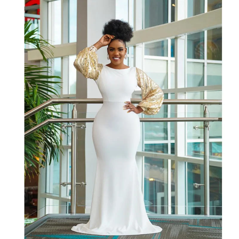 

Elegant Women Dress Sexy Backups Solid One Piece Nightclub Skirt Long Sleeve White Round Neck Slim Fitting Female Long Dress