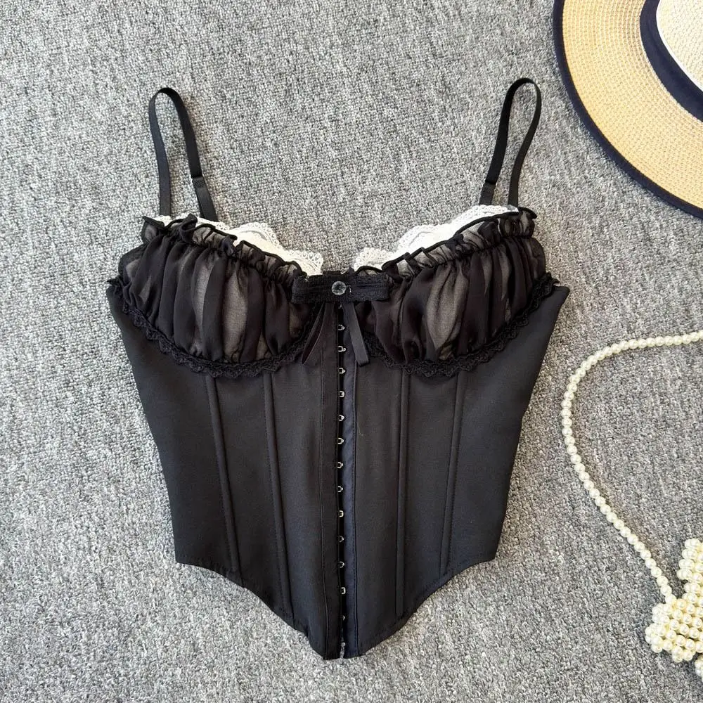 Modisches Rüschen-Spitzen-Blumen-Camisole mit Schleife und Schnalle, Spitzen-Korsett, Süßes Tank-Top, Schlankes Crop-Top für Damen – Detail 8