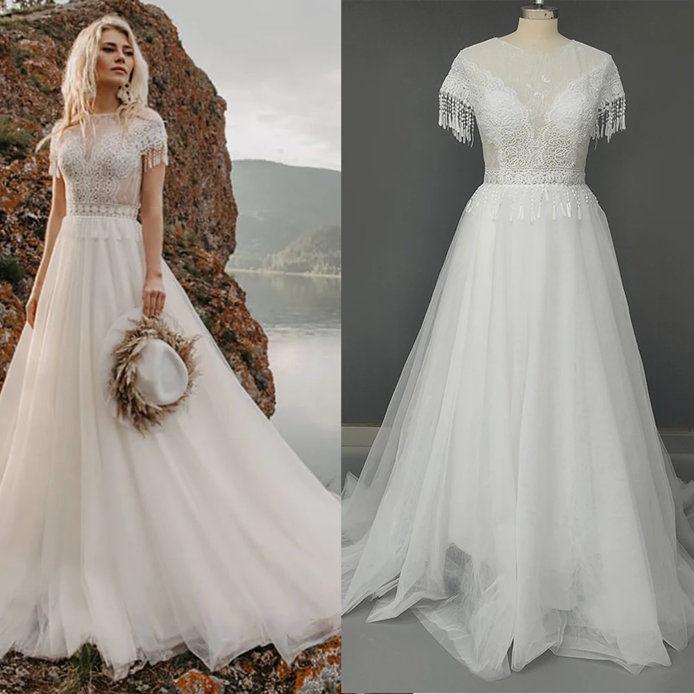

Bohemian Boat Neck Lace Tassel Elopement Wedding Dress Tulle A Line Short Sleeves Backless Custom Made Boho Beach Bridal Gowns