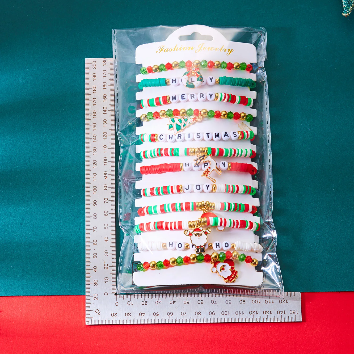 12-teiliges Weihnachts-Armband-Set, bunte weiche Tonperlen, Kristallperlen, Weihnachtsmann-Anhänger, Armreif, Party-Schmuck, Weihnachtsgeschenke für – Detail 2