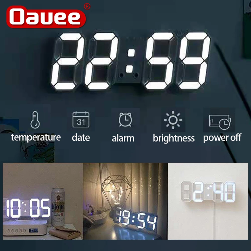 Large Display Digital 3D LED Alarm Wall Clock Snooze 12/24 Hour Night Light USB 