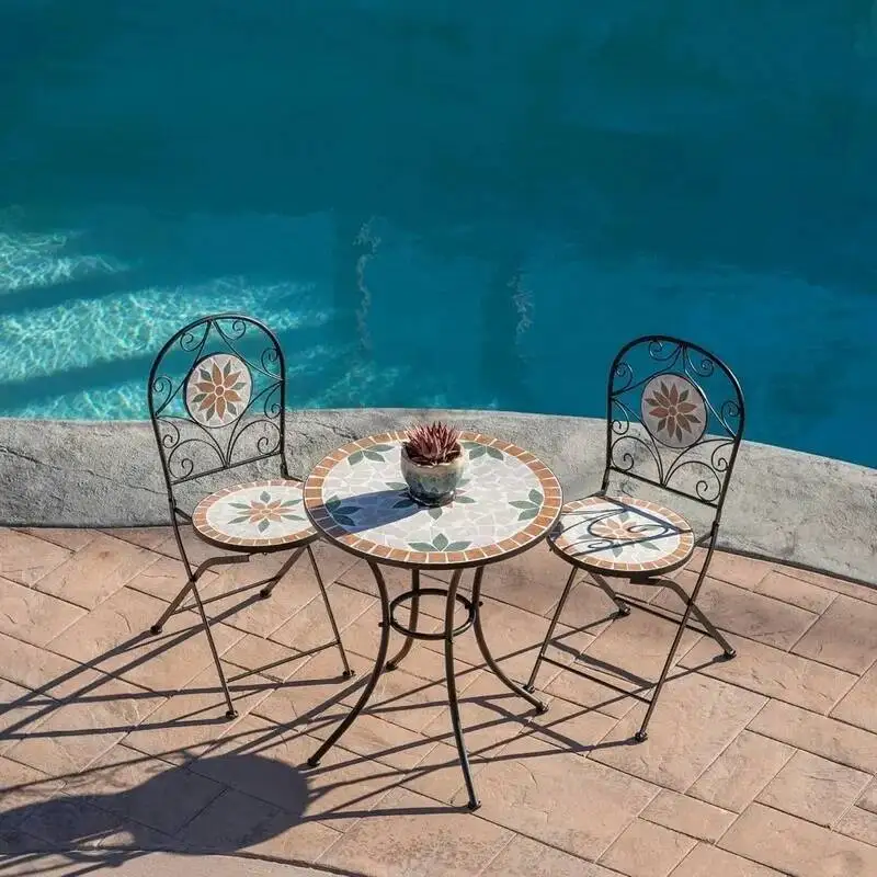 3-Piece Mosaic Bistro Set - Folding Table and Chairs for Indoor/Outdoor Patio Seating 2