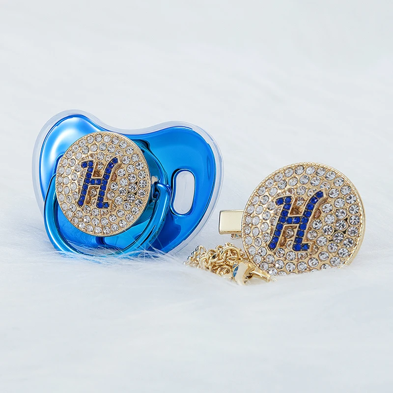 

MIYOCAR Metallic blue Initials blue 3D letter H bling pacifier and pacifier clip BPA free dummy ideal gift baby shower