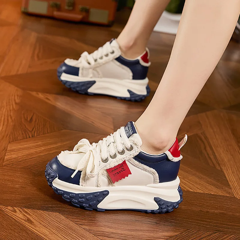 CICIYANG Chunky Sneakers Women 2024 Spring Flat Platform Sneakers Lace-up Casual Round Toe Sneakers Ladies Board Shoes Trainers