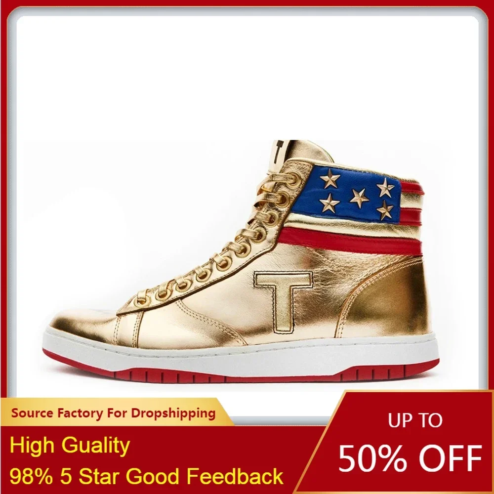 

MAGA Trump Sneakers Never Surrender Pro Donald Distressed High Top Gold Sneakers Gym Shoes Men's Casual Boots Road Sneakers