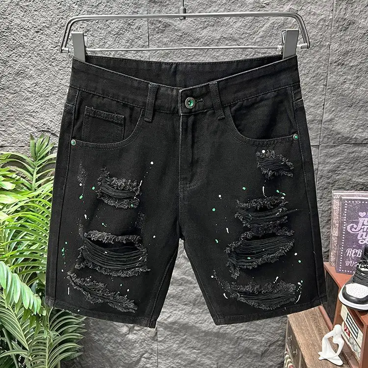 Ripped Denim Shorts Men's Black Summer Slim and Straight-fitting Korean Style Trendy Versatile Five-point Pants