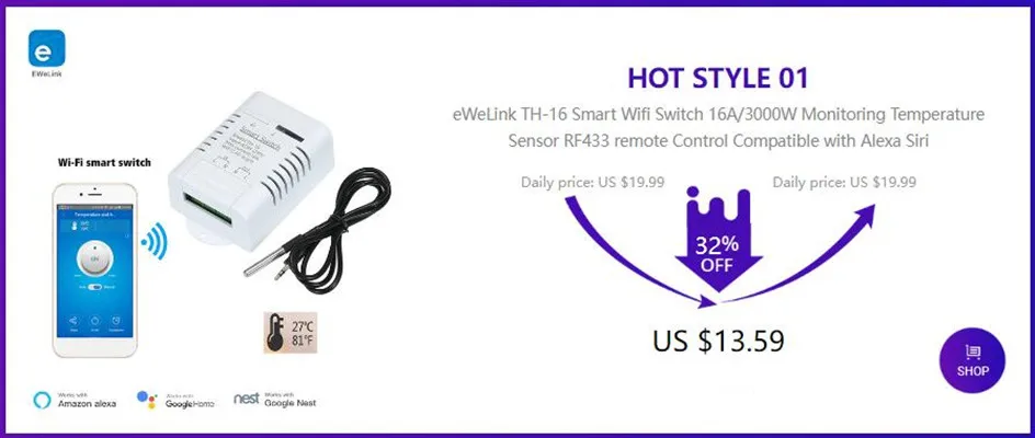 eWeLink TH-16 Smart Wifi Switch 16A/3500W Monitoring Temperature Wireless M8F3 
