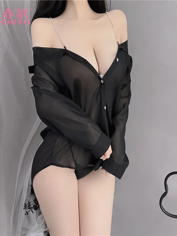 

New Fun Sexy Uniform Temptation Boyfriend Style Transparent Blouses V Neck Sheer Romantic Breathable Soft Mature Charm W89U