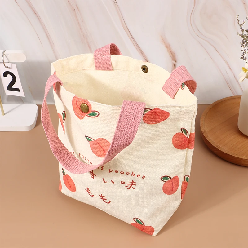 Small Canvas Women Tote Food Bag Japanese Peach Hand Lunch Bag Korean Mini Student Handbags Cotton Cloth Picnic Travel Bento