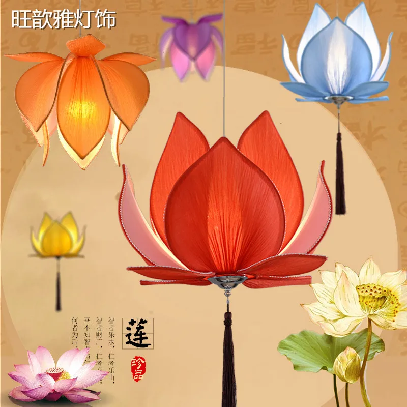 New Chinese Style Cloth Lotus Chandelier Classical Lotus Lamp Buddha Light Zen Buddhist Hall Temple Living Room Dining Room Lamp 3