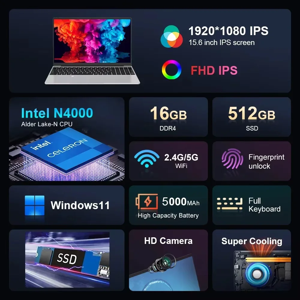 15.6 inch Laptop Computer Intel Celeron N4000 Notebook PC Fingerprint Unlock Windows 11 Pro 16GB RAM 1TB SSD 1920*1080P Laptops 2
