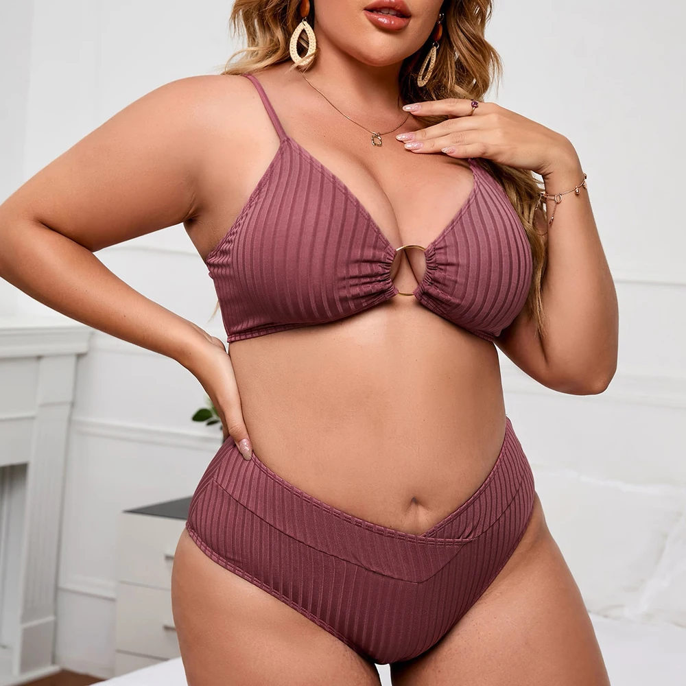 Plus Ribbed Knit O-ring Bikini Swimsuit High Waist Solid Color Summer Female Swimwear Bathing Suit Beachwear Biqui