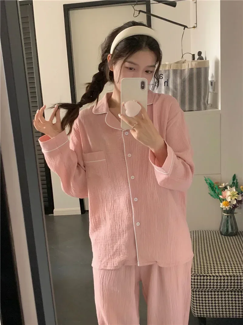 

Long Pajama Blouses Pants Women Loungewear Piece for Home Solid Sleeve s Nightwear Set Two Casual Autumn Pyjamas