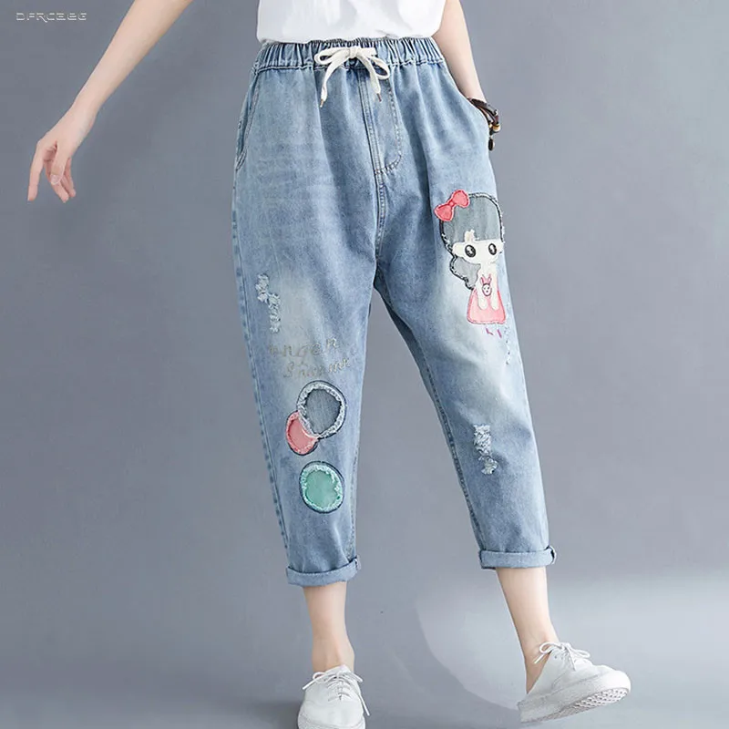 

New Arrivals Big Size Cartoon Embroidery Woman Denim Jeans Fashion Summer Streetwear Loose Jean Capris Pants Female 3XL 4XL