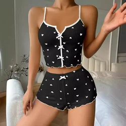 Heart Print Soft Ribbed Sleepwear Set with Flirty Frill Trim - M (1)