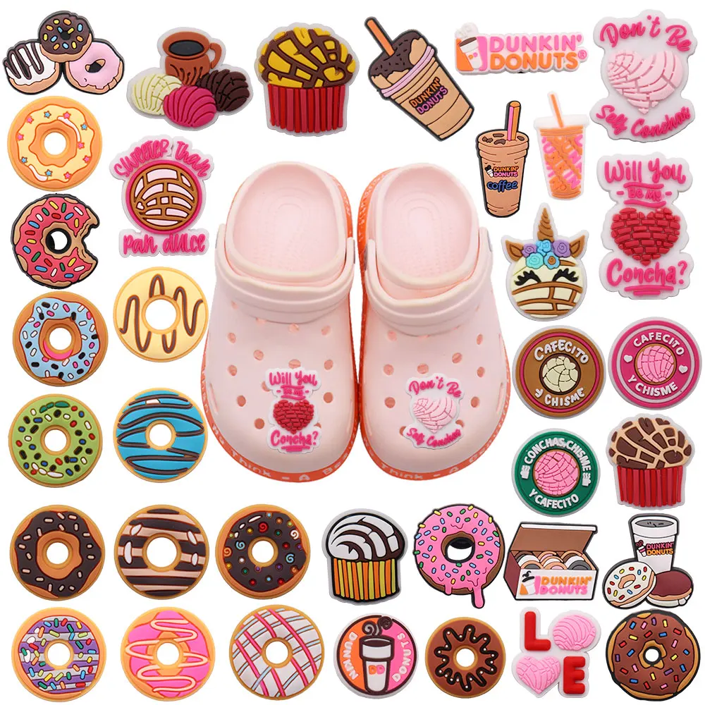 

Hot Sales 1Pcs Donuts Cupcake Coffee Mix Food Croc Charm Boys Girls Shoe Buckle Decorations Fit Jibz Party Present