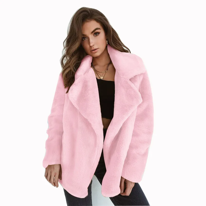 Fashion  European and American Autumn and Winter Sexy Long-sleeved Warm Women's Plush Lapel Slim Solid Color Jacket Women
