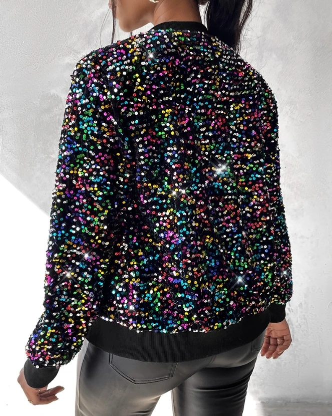 Women Elegant Colorful Sequin Zipper Design Coat Temperament Commuting Female Casual Long Sleeve Baseball Collar Fashion Jacket