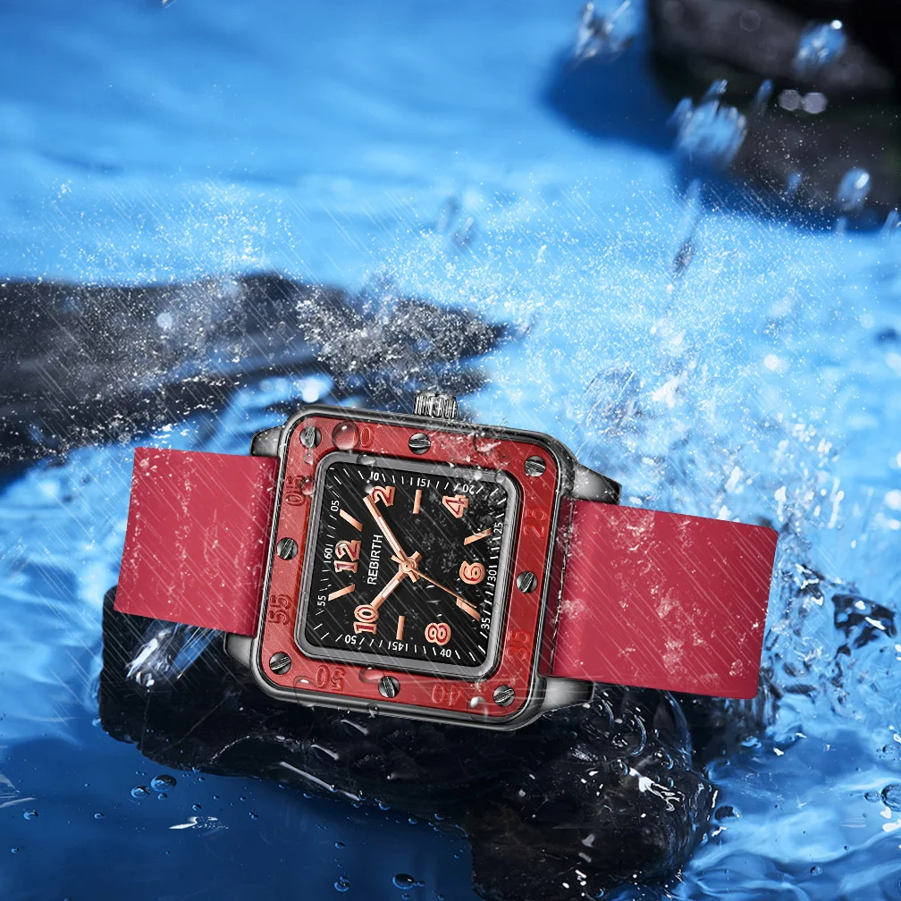 Elegant Red Silicone Band Women's Square Quartz Watch - High-Quality Fashion Ladies' Wristwatch