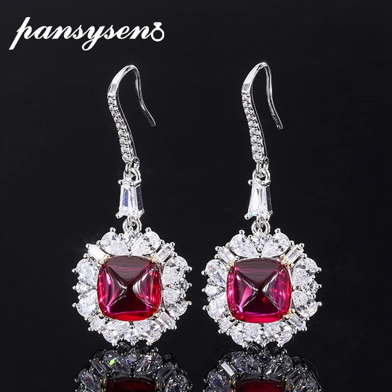 

PANSYSEN Vintage 925 Sterling Silver 10*10 Emerald Sapphire Ruby Gemstone Dangle Drop Earrings for Women Wedding Fine Jewelry