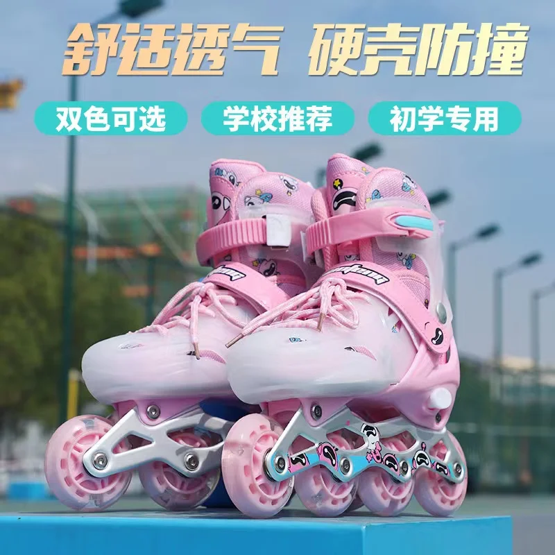 pink-blue-kids-adult-professional-full-flash-adjustable-pp-roller-skates-shoes-single-row-inline-skating-sneakers-pu-4-wheels