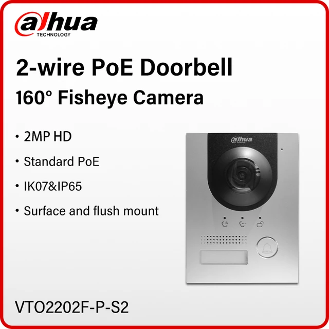 Dahua 2-Wire PoE Video Intercom VTO2202F-P-S3 2MP IP 160° Fisheye Doorbell Camera Support Surface & Flush Mount IP65 IK07 H.265 1