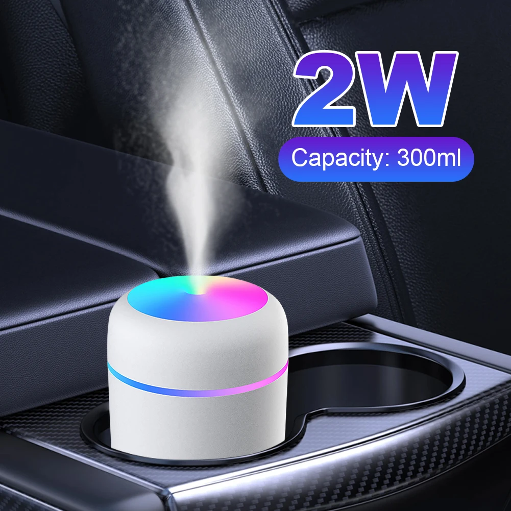 300ml 쿨 미스트 분무기 USB 컬러풀 조명 휴대용 전기 가습기 미니 초음파 가습기 (차량용/침실용)