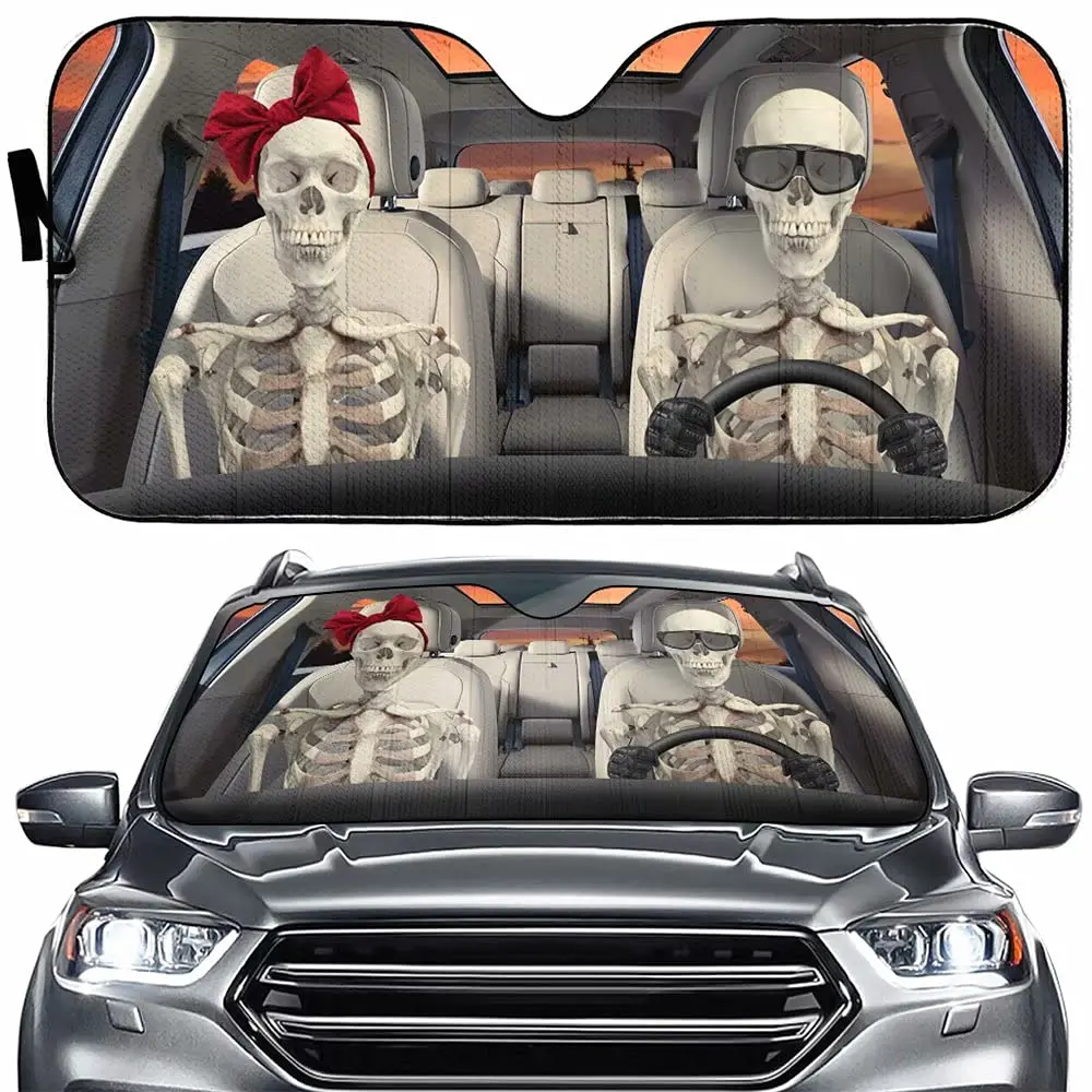 

Homega Couple Skeleton Driver Auto Windshield Sunshade Blocks,Skull Universal for Windshield, Halloween Foldable Sun Shade Prote