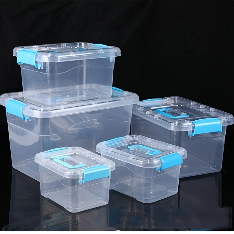 Stackable transparent storage boxes filled with clothing