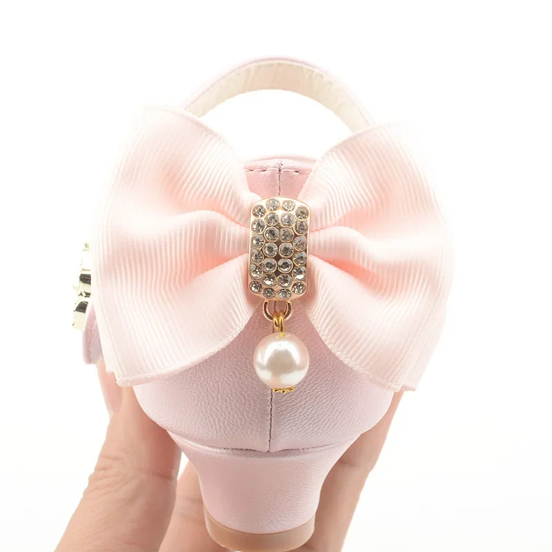 Children Party Leather Shoes Girls PU Low Heel Lace bowtie Single Dance Dress shoe For Girls