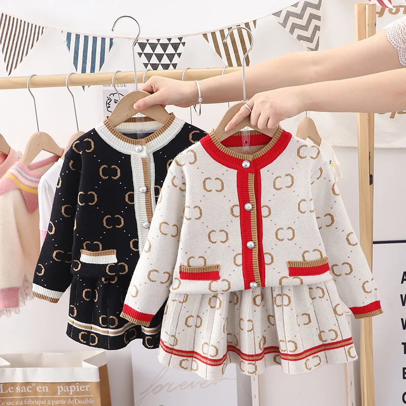 

Girls Sets Children's Clothing Autumn Winter Korean Suit Knit Cardigan Sweater+ Short Skirt 2pcs Kids Outfits