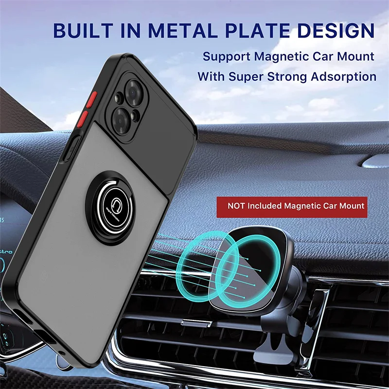 Shockproof Matte Armor Phone Case with Metal Ring Holder