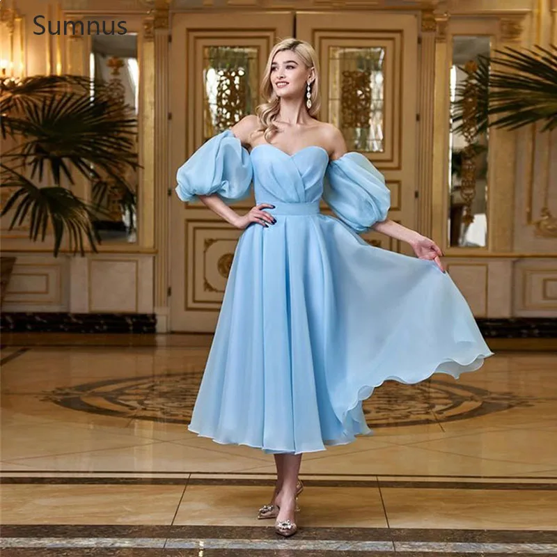 Sumnus2022ElegantBabyBluePromDressesTeaLengthArabicBackless