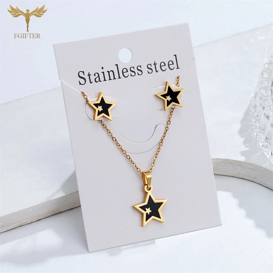 Golden Star Necklace Earrings Set for Women Stainless Steel