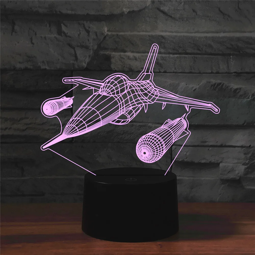 야간 조명 전투기 3D 스테레오 비전 다채로운 터치 충전, LED 착시 선물 장식 USB 소형 아크릴 데스크탑 램프