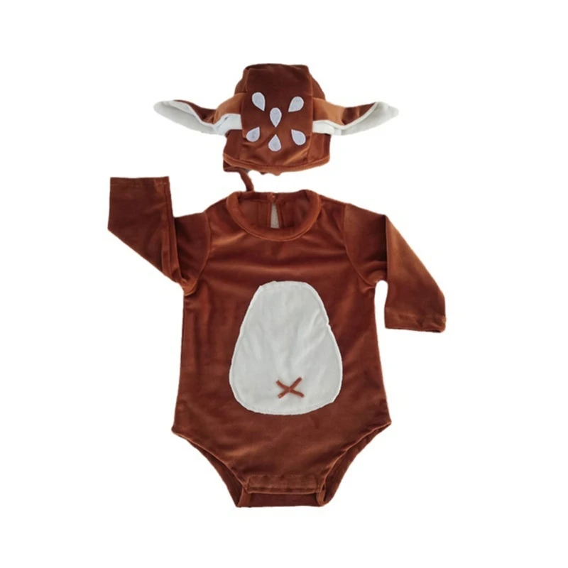 

Newborn Photo Props Deer Ear Bonnet Hat & Cute Jumpsuit Baby Photography Clothes Dress Up Romper & Hat Reindeer Costume