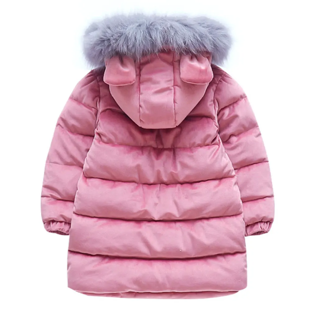 여아용 모피 후드 따뜻한 코트, 아동용 겨울 재킷, 아동용 누빔 면 아우터, 작은 곰 털볼 지퍼 두꺼운 오버코트