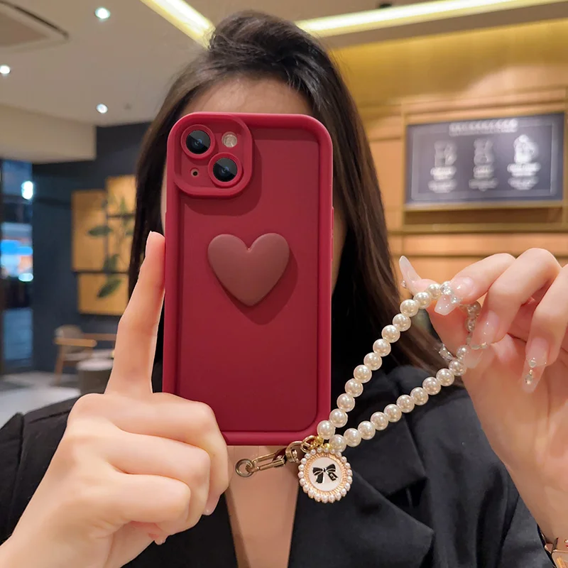 3D Love Heart Pearls Hand Strap Back Cover