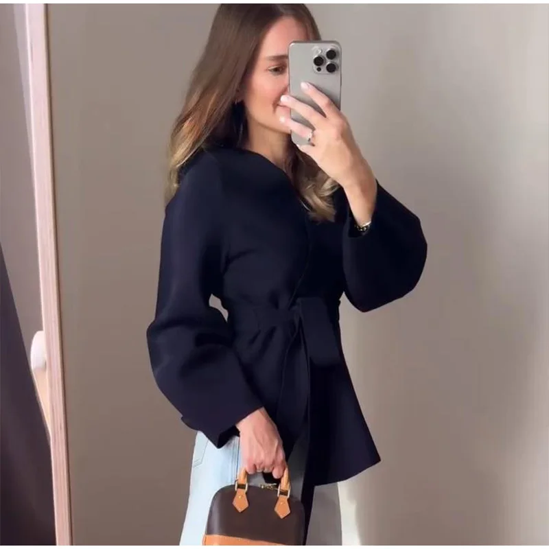 Vintage Lace Up Knit V-neck Jacket Women Solid Full Sleeve Loose Cardigan Top New 2025 Spring Elegant Lady High Street Outwear