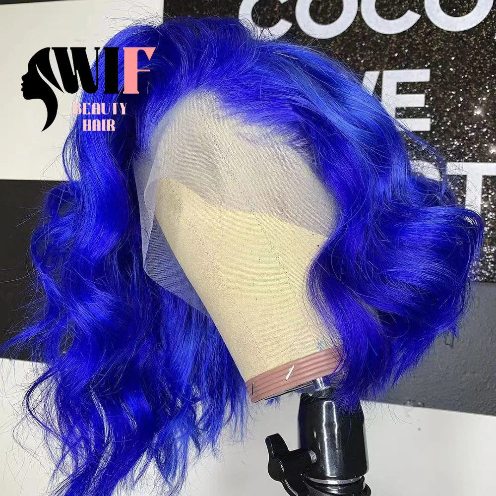 

WIF Royal Blue Short Hair Wavy Bob Lace Front Wig Body Wave Short Bob Heat Fiber Blue Hair Synthetic Wigs 12Inch Women Daily Use