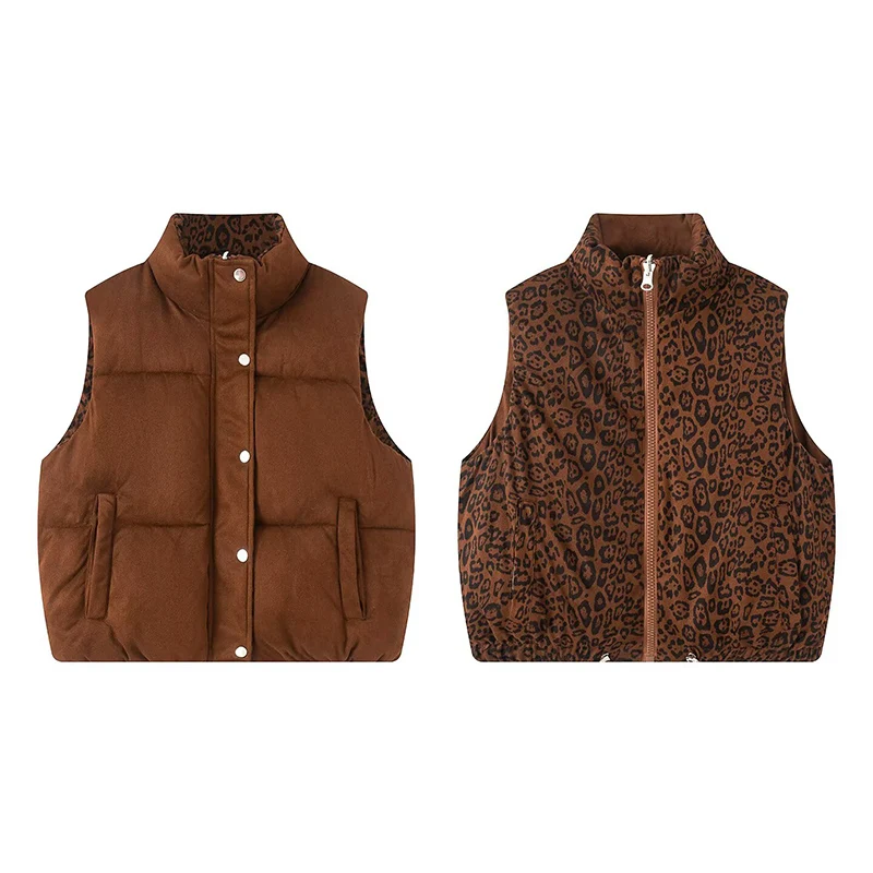 Autumn Winter Women Vest Fashion Wear On Both Sides Vintage Leopard Print Down Vests Coats Casual High Street Waistcoat Tops