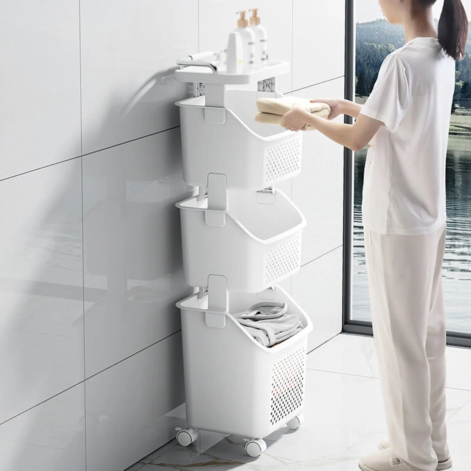 Laundry Cart Dirty Clothes Basket Storage Organizer with Wheels, Laundry Hamper Storage Shelves for Apartment Home Dorm 3