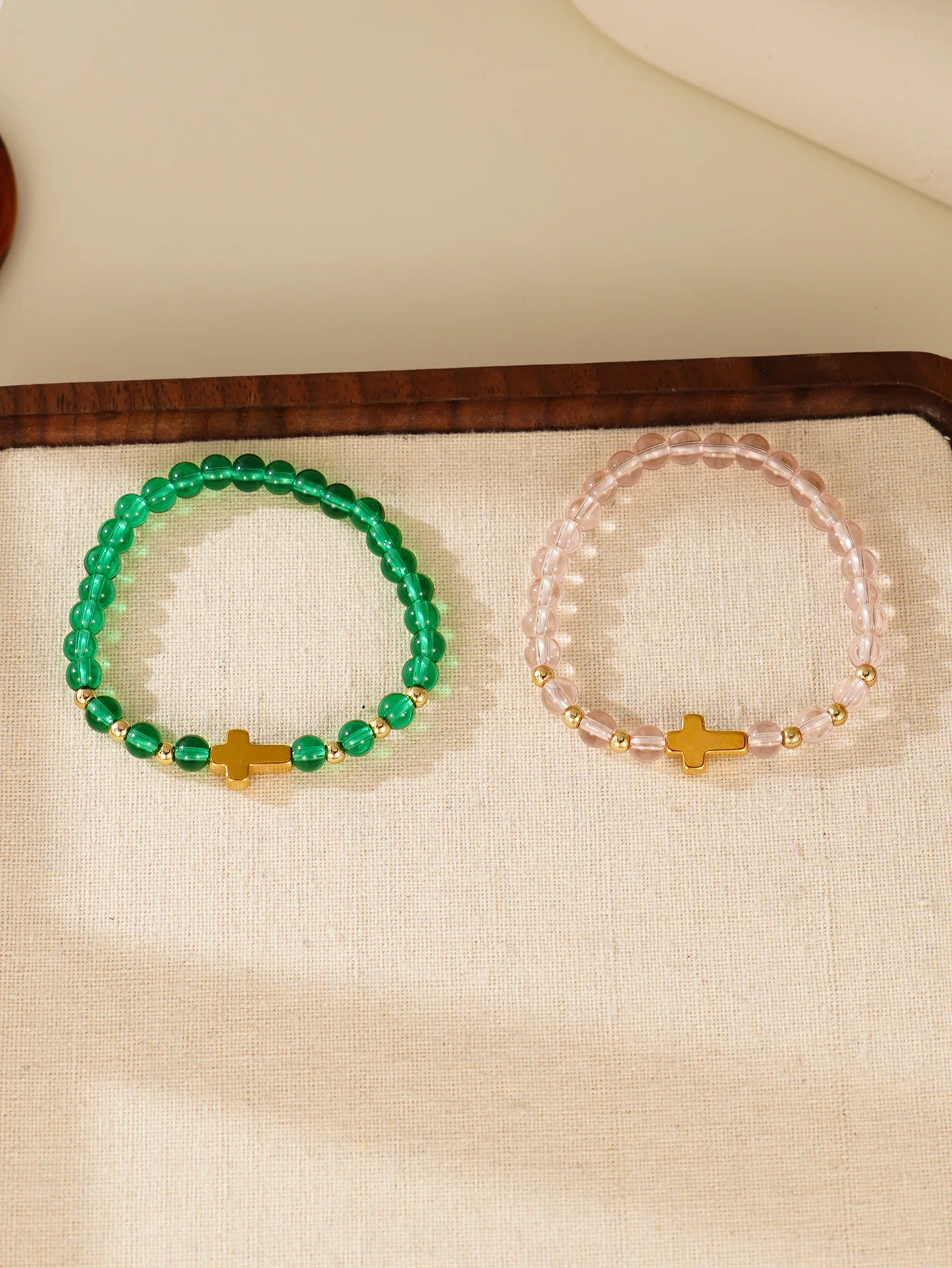 2pcs Minimalist Plastic Bead Cross Design Elastic Bracelet for Women